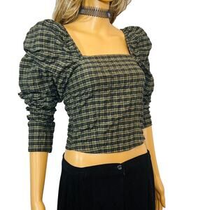 H&M Olive & Green Plaid Puff Sleeve Cropped Top - XS